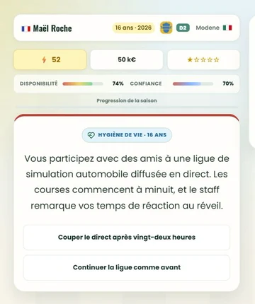 Événement et choix proposés pendant une carrière Destiny Eleven